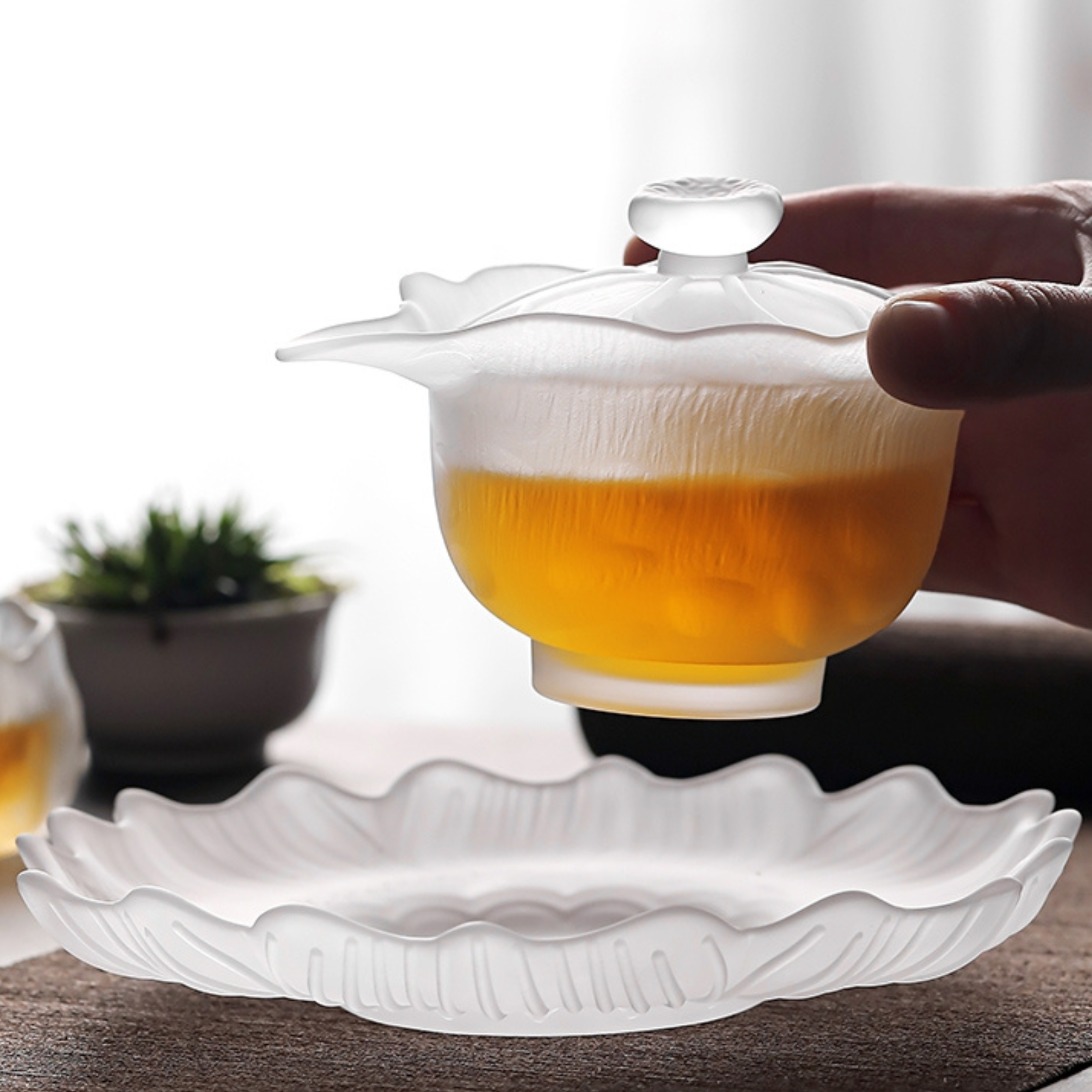 Gaiwan aus Milchglas – Wolkendesign, 170 ml, handgefertigt, Liuli-Teezeremonie