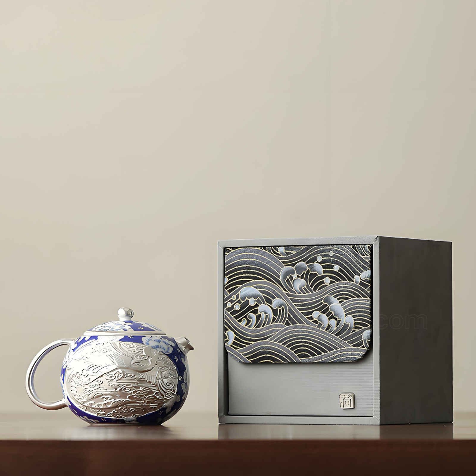 Verbotene Stadt, Silber-eingelegtes Drachen-Phönix-Xi-Shi-Teekannen-Geschenkset | 200 ml, Blau-Weiß-Ware