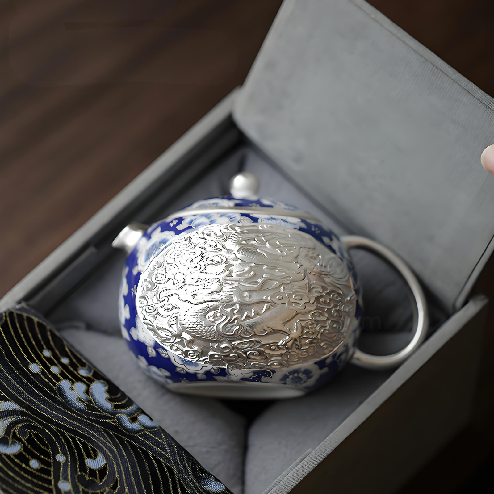 Verbotene Stadt, Silber-eingelegtes Drachen-Phönix-Xi-Shi-Teekannen-Geschenkset | 200 ml, Blau-Weiß-Ware