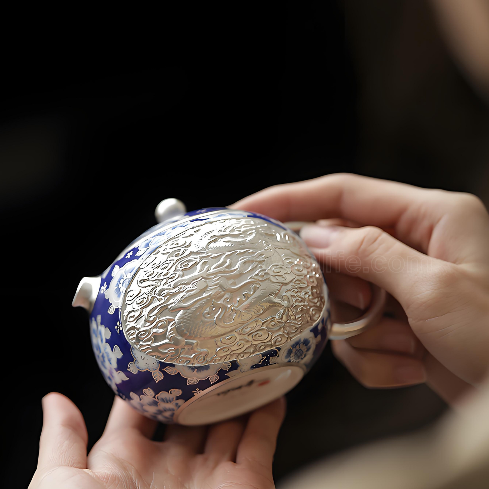 Verbotene Stadt, Silber-eingelegtes Drachen-Phönix-Xi-Shi-Teekannen-Geschenkset | 200 ml, Blau-Weiß-Ware