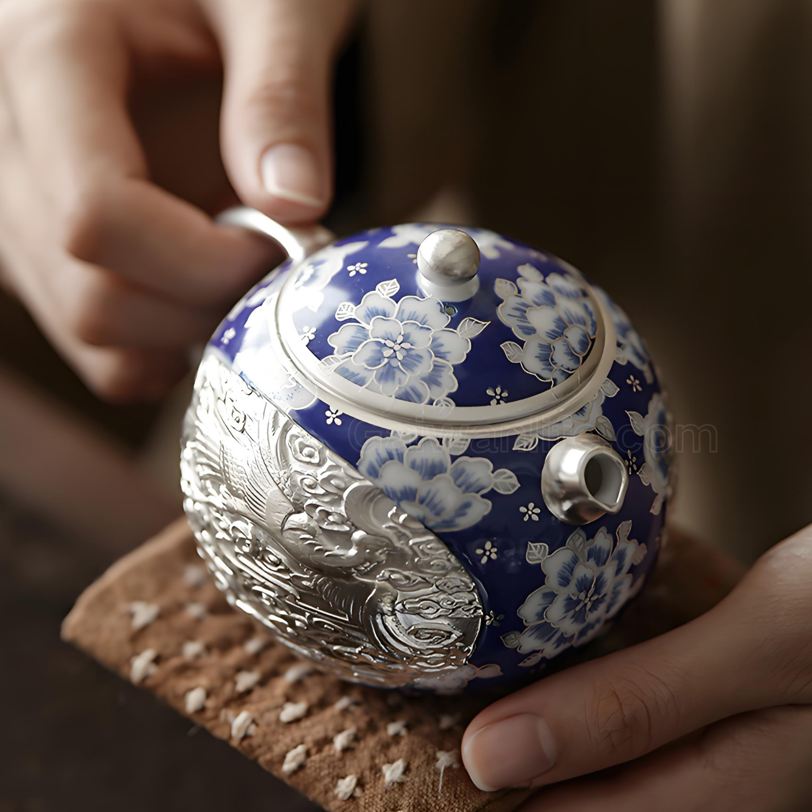 Verbotene Stadt, Silber-eingelegtes Drachen-Phönix-Xi-Shi-Teekannen-Geschenkset | 200 ml, Blau-Weiß-Ware