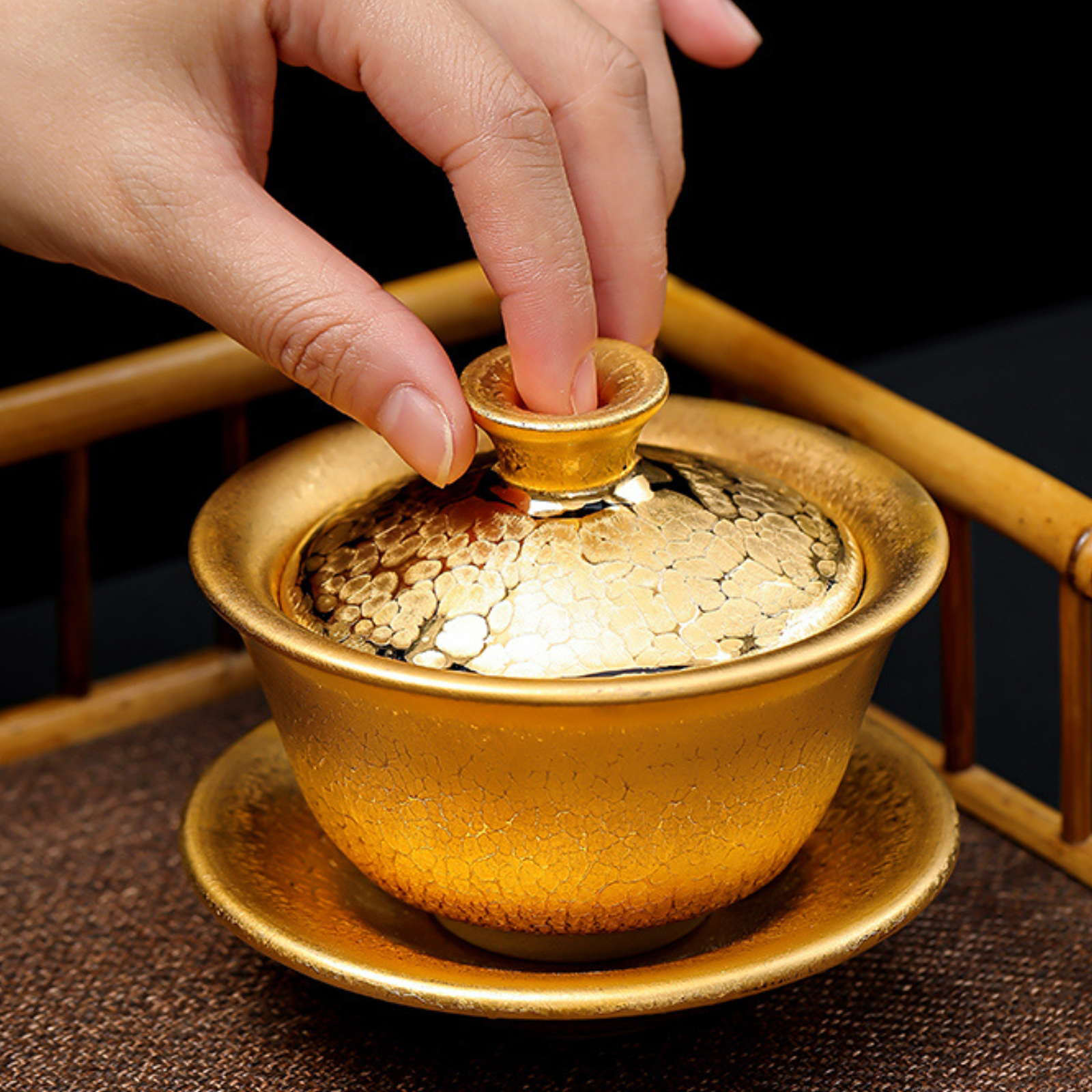 Vergoldeter Jian Zhan Öltropfen-Gaiwan – 180 ml handgefertigte Keramikteekanne, Retro-Luxusdesign