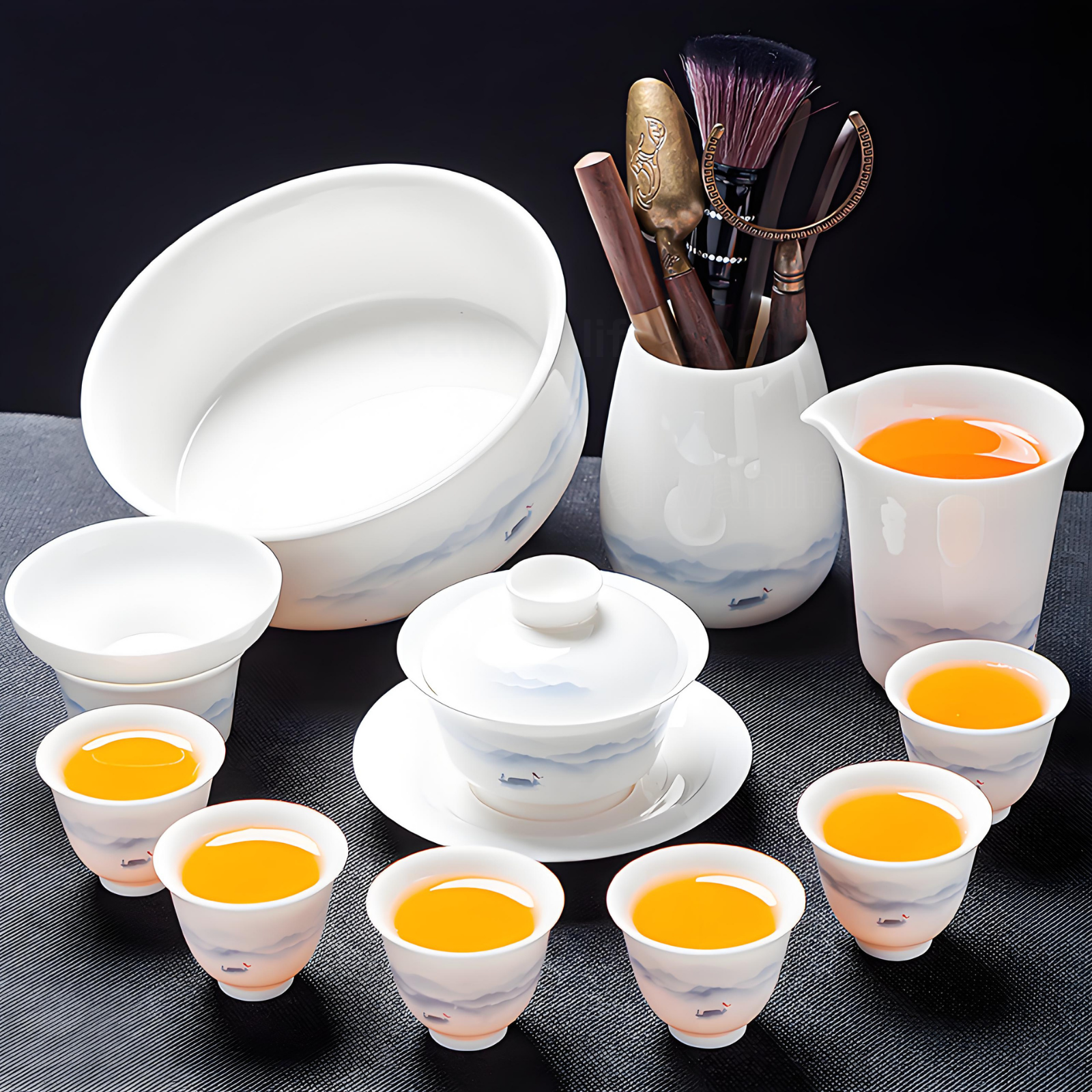 White porcelain 16-piece Chinese tea set - ink style hand-painted ceramic tea tray and lid set