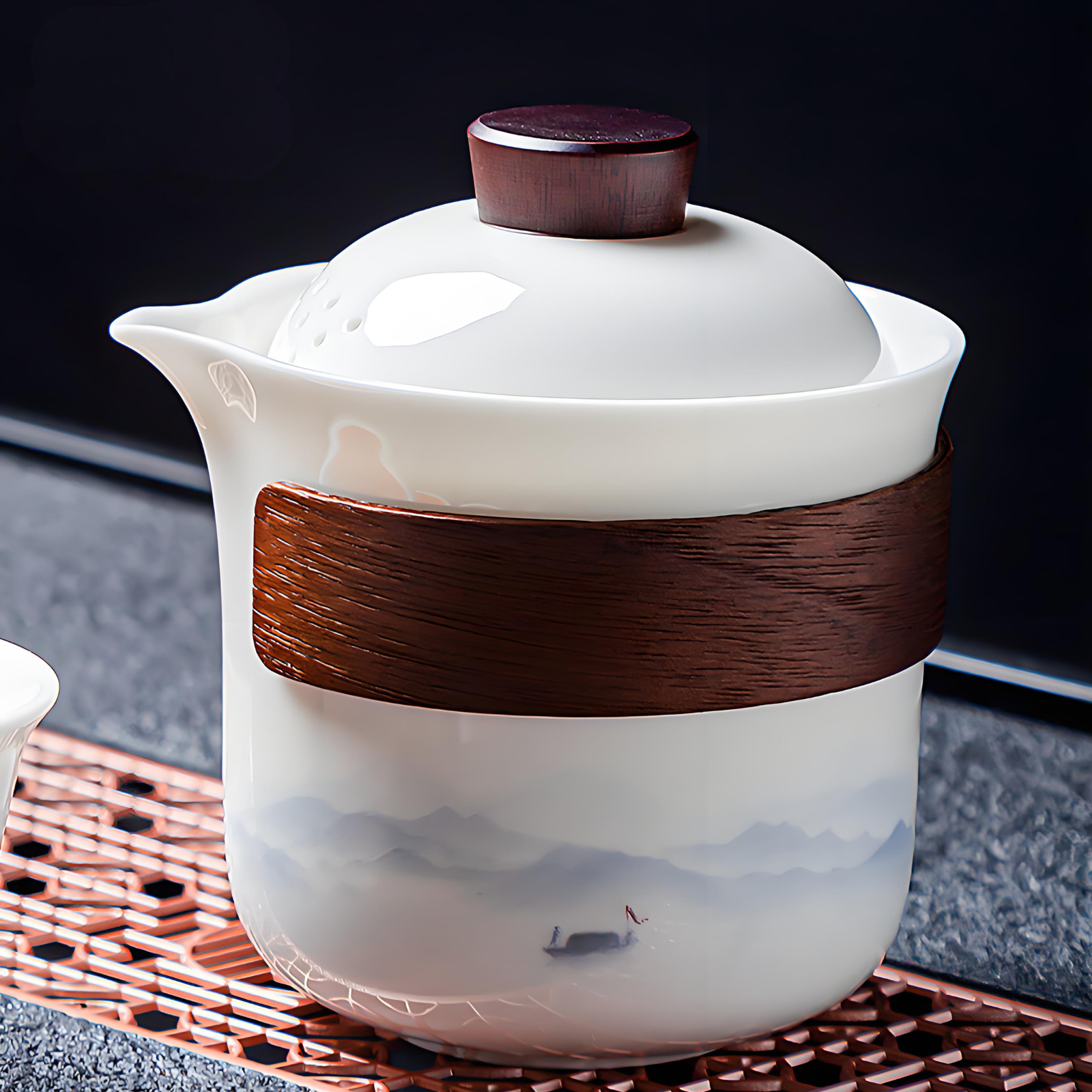 White porcelain 16-piece Chinese tea set - ink style hand-painted ceramic tea tray and lid set