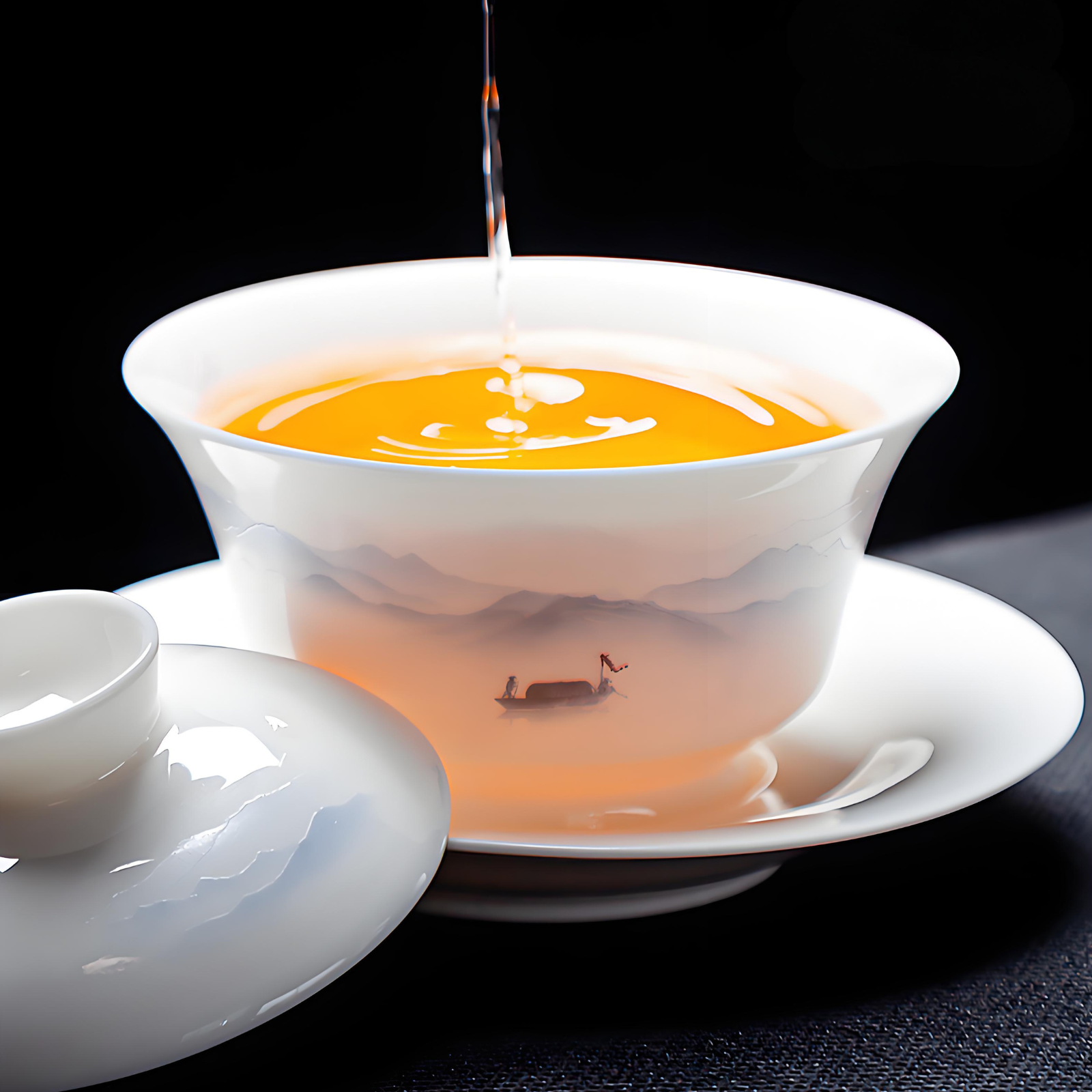 White porcelain 16-piece Chinese tea set - ink style hand-painted ceramic tea tray and lid set