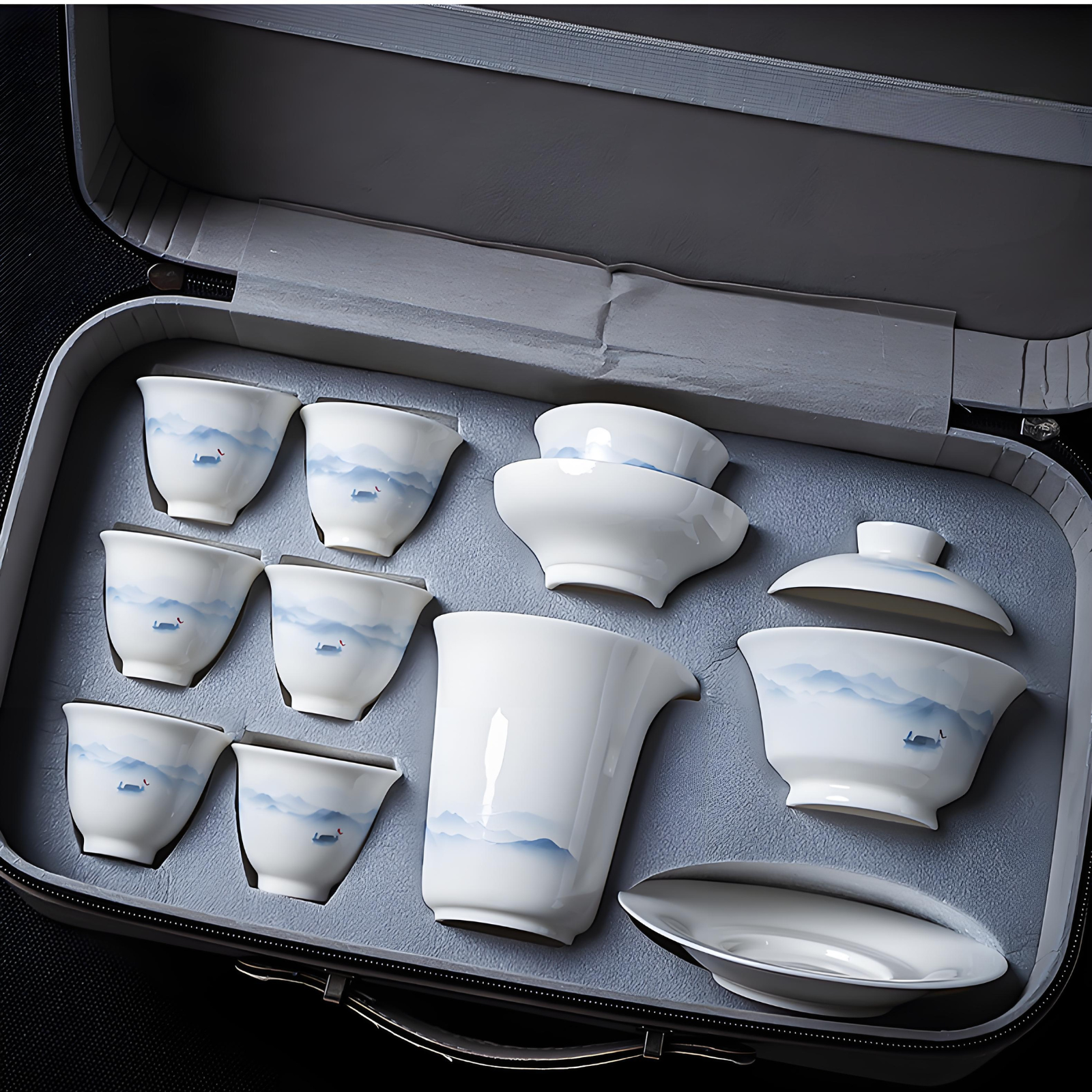 White porcelain 16-piece Chinese tea set - ink style hand-painted ceramic tea tray and lid set