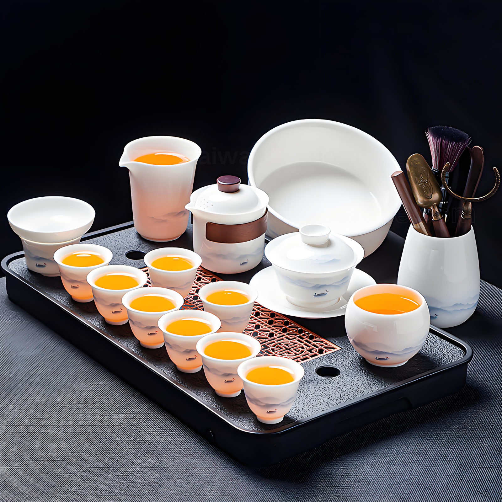 White porcelain 16-piece Chinese tea set - ink style hand-painted ceramic tea tray and lid set