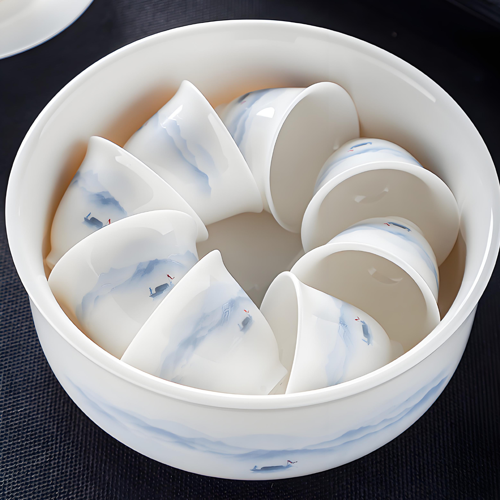 White porcelain 16-piece Chinese tea set - ink style hand-painted ceramic tea tray and lid set