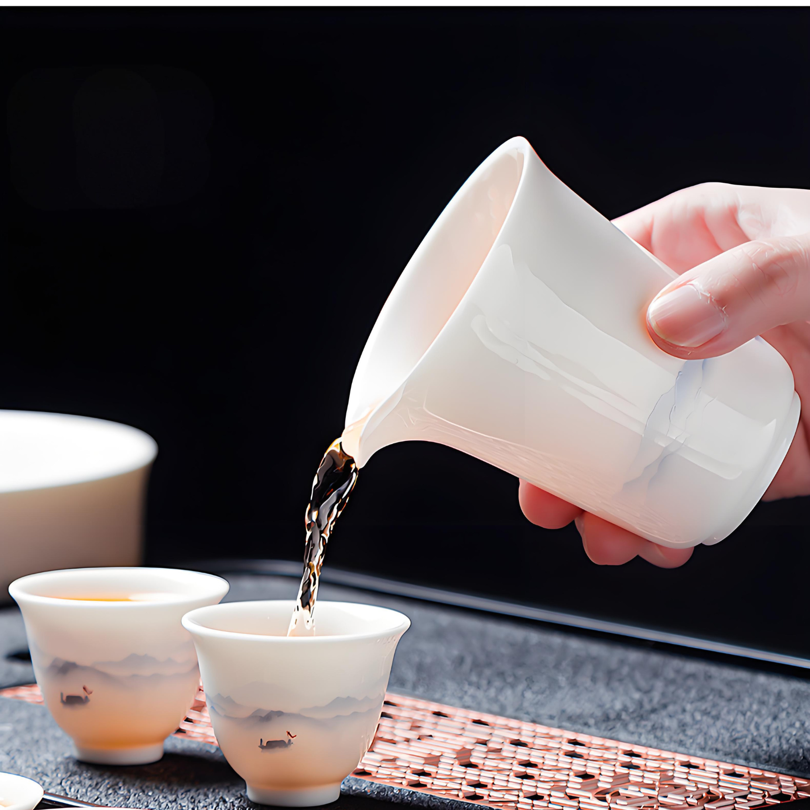 White porcelain 16-piece Chinese tea set - ink style hand-painted ceramic tea tray and lid set