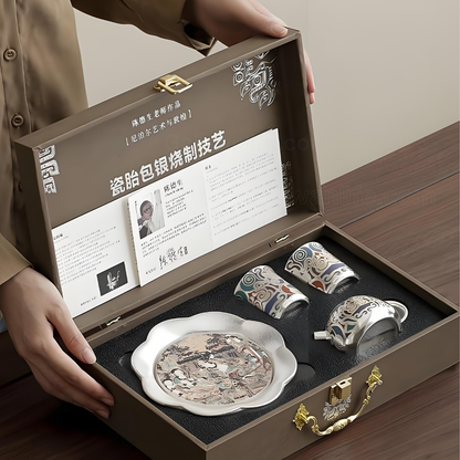 Dunhuang Teeservice mit Gold- und Silbereinlage – Keramikteekanne mit 2 Tassen und Tablett, luxuriöse Geschenkbox 
