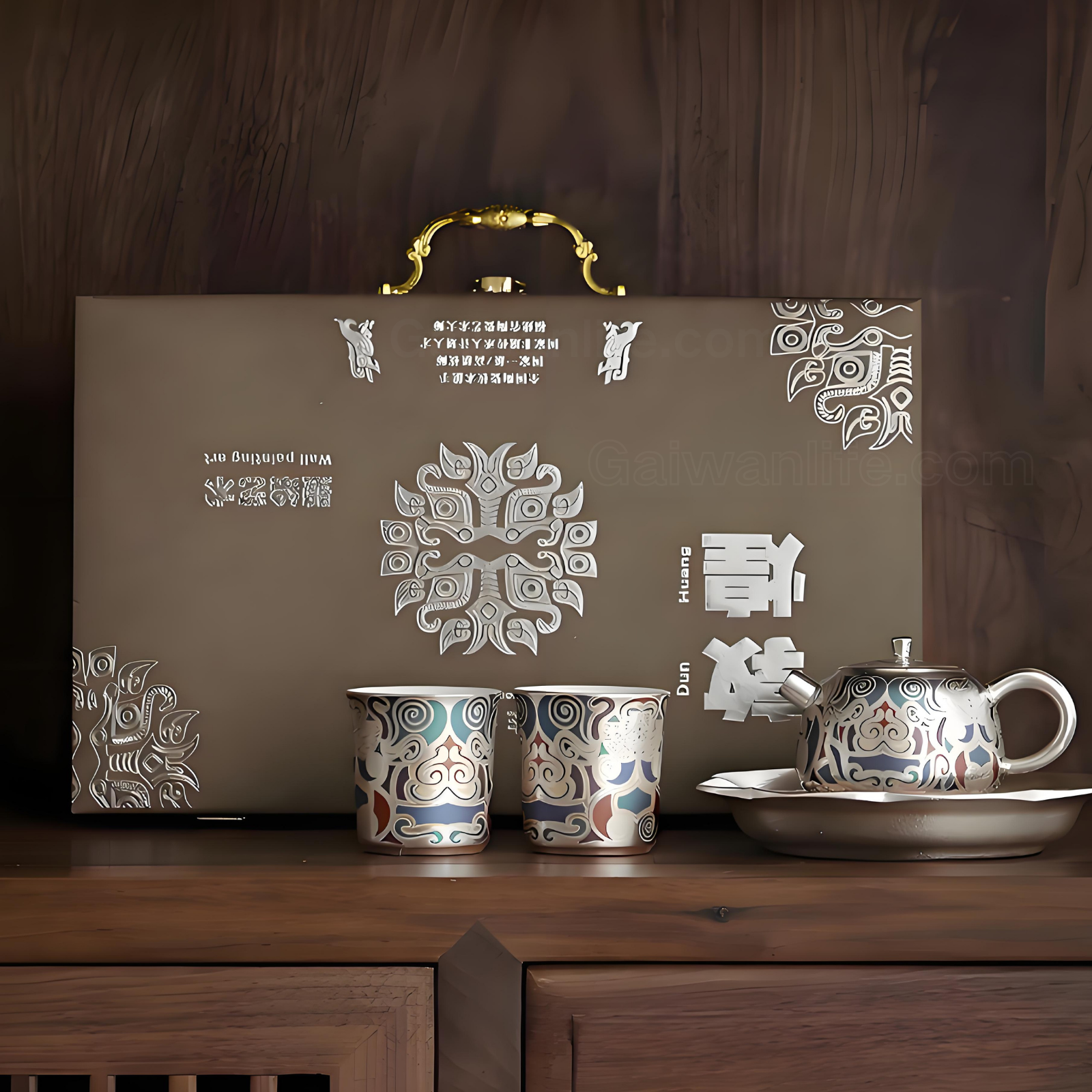 Dunhuang Teeservice mit Gold- und Silbereinlage – Keramikteekanne mit 2 Tassen und Tablett, luxuriöse Geschenkbox 