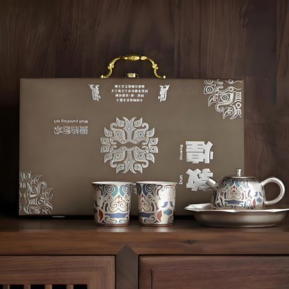 Dunhuang Teeservice mit Gold- und Silbereinlage – Keramikteekanne mit 2 Tassen und Tablett, luxuriöse Geschenkbox 