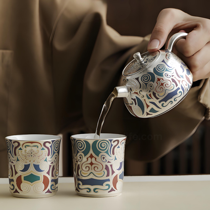 Dunhuang Teeservice mit Gold- und Silbereinlage – Keramikteekanne mit 2 Tassen und Tablett, luxuriöse Geschenkbox 