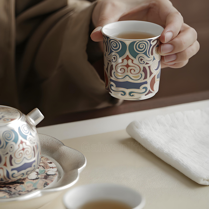 Dunhuang Teeservice mit Gold- und Silbereinlage – Keramikteekanne mit 2 Tassen und Tablett, luxuriöse Geschenkbox 