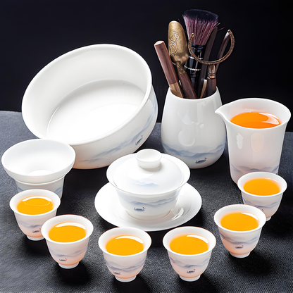 White porcelain 16-piece Chinese tea set - ink style hand-painted ceramic tea tray and lid set