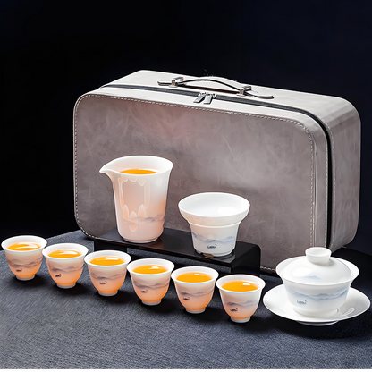 White porcelain 16-piece Chinese tea set - ink style hand-painted ceramic tea tray and lid set