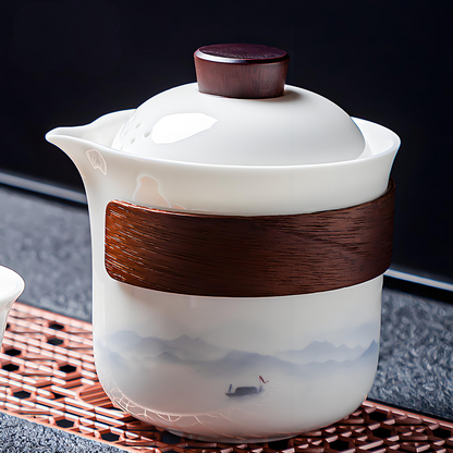 White porcelain 16-piece Chinese tea set - ink style hand-painted ceramic tea tray and lid set
