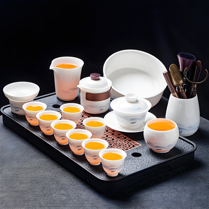 White porcelain 16-piece Chinese tea set - ink style hand-painted ceramic tea tray and lid set