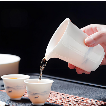 White porcelain 16-piece Chinese tea set - ink style hand-painted ceramic tea tray and lid set